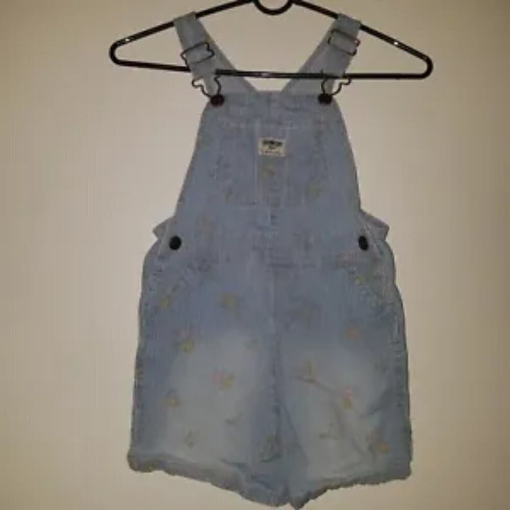 VTG OshKosh Floral Shortalls 5T Toddler Girl Shorts Overalls Blue Stripes FADING